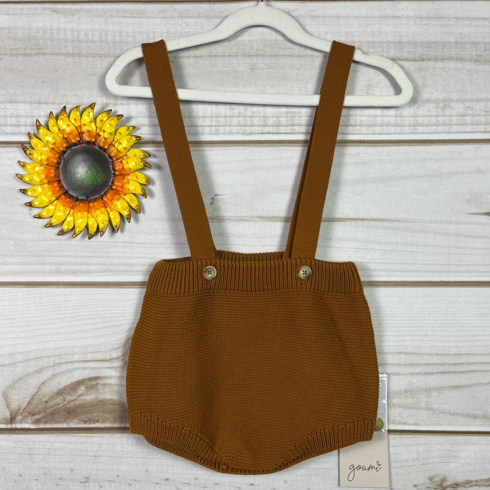 Goumi Kids Cedar Brown Organic Cotton Knit Suspender Romper Toddler 2T
